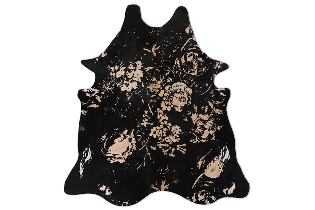 Floral Black Beauty Embellished Cowhide Floor Covering