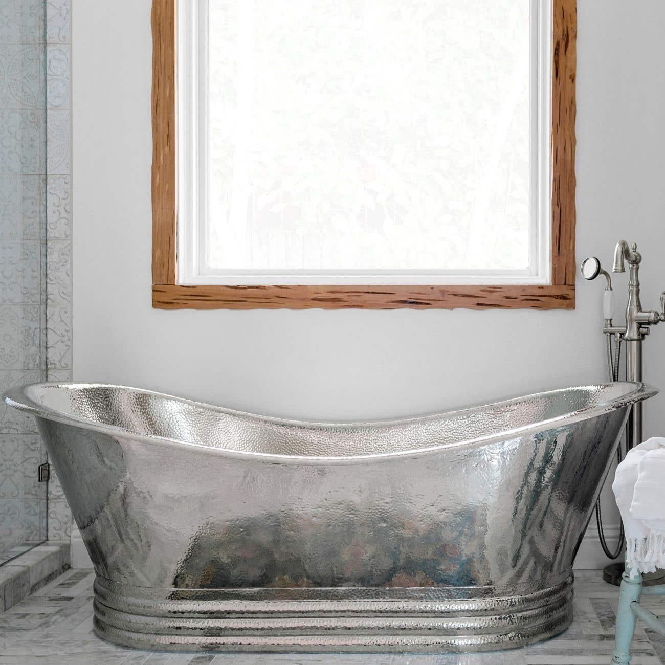 Alejandro 66 Inch Copper Freestanding Double Slipper Bathtub - Satin Nickel