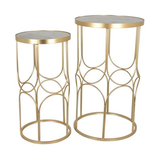 Set Of 2 Gold Metal Side Tables With Marble Tops